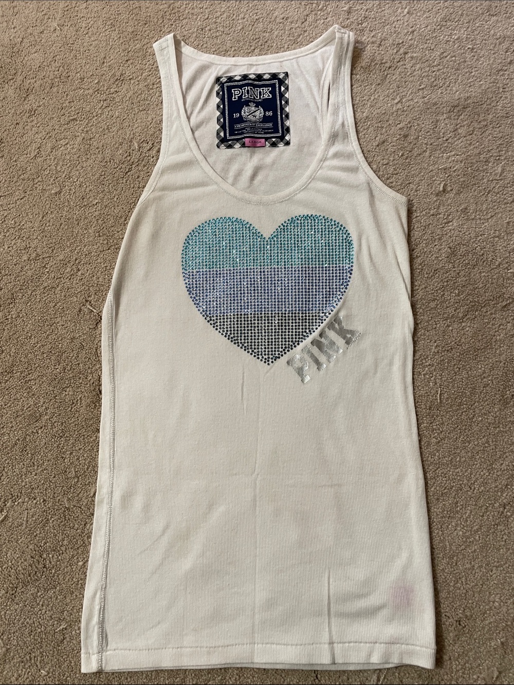 PINK White Tank with Aqua, Blue & Navy Rhinestone Heart RARE